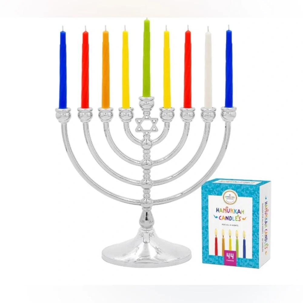 The Dreidel Company Hanukah Menorah, 44 Colored Candles, 4 Mini Dreidels & Gelt